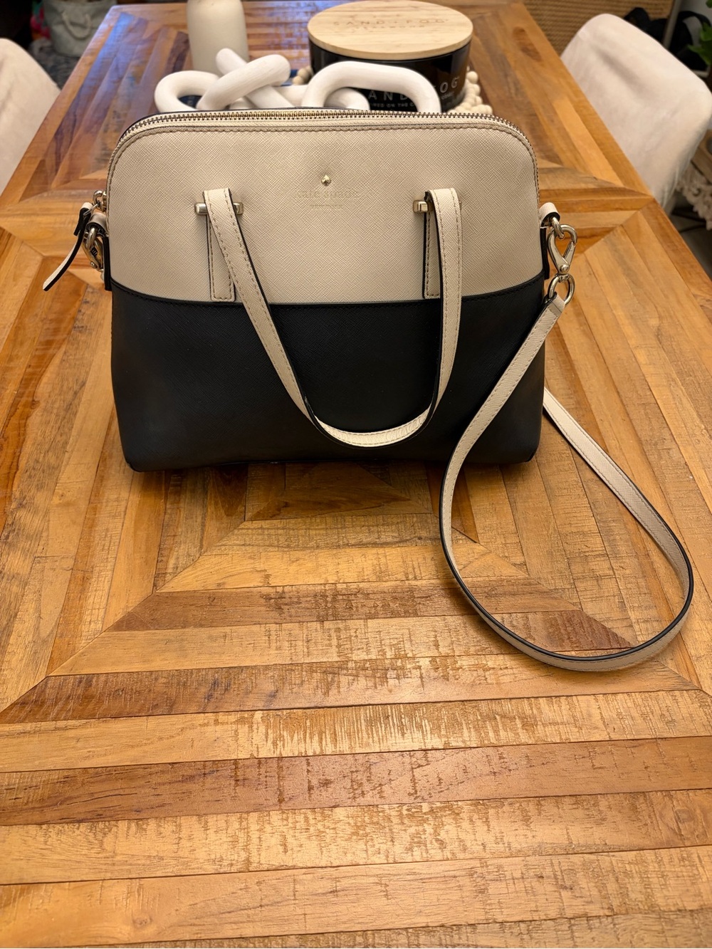 kate spade Two-Tone Cream Leather and Black Dome Satchel with Detachable Strap